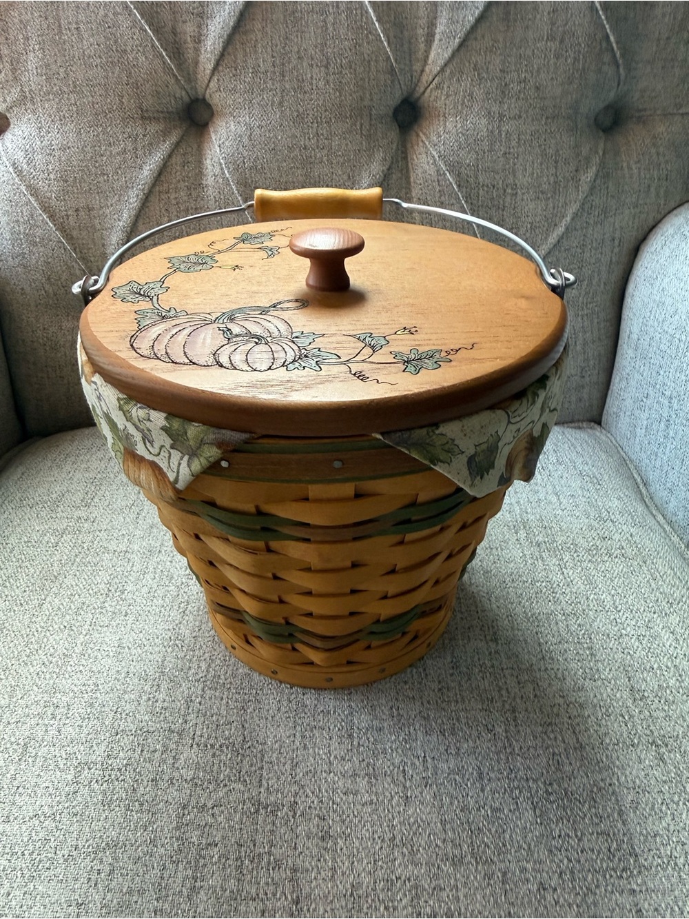Longaberger Vintage 2002 Autumn Pail Basket Pumpkin Lid Liner Protector